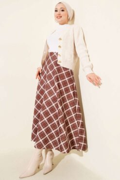 Elastic Waist Plaid Scuba Skirt Brown بالجملة skirt view 2 - Hicabistan مصنع تركيا