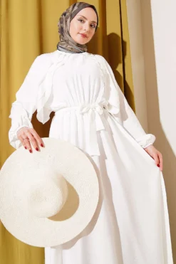 Belted Ruffled Dress Ecru wholesale dress view 2 - Hicabistan Turkey factory