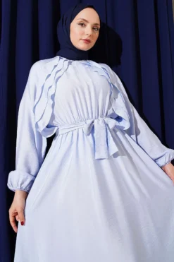 Belted Ruffled Dress Blue wholesale dress view 2 - Hicabistan Turkey factory