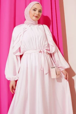 Belted Ruffled Dress Pink wholesale dress view 2 - Hicabistan Turkey factory