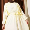 Belted Ruffled Dress Yellow Großhandel dress view 2 - Hicabistan Türkei Fabrik