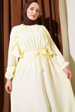Belted Ruffled Dress Yellow wholesale dress view 2 - Hicabistan Turkey factory