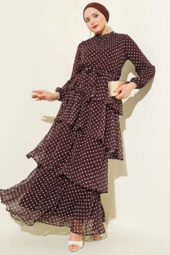 Belts Elastic Ruffled Polka Dot Chiffon Dress Brown