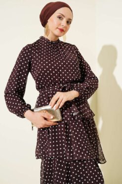 منظر بديل لـ Belts Elastic Ruffled Polka Dot Chiffon Dress Brown