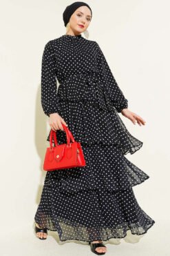 Belts Elastic Ruffled Polka Dot Chiffon Dress Black