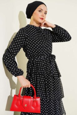 منظر بديل لـ Belts Elastic Ruffled Polka Dot Chiffon Dress Black