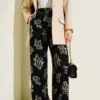 Wide Leg Printed Trousers with Elastic Waistband Black