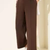 Wide Leg Scuba Trousers with Elastic Waistband Brown
