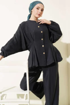 Belted Gold Button Set Navy Blue wholesale clothing set view 2 - Hicabistan Turkey factory