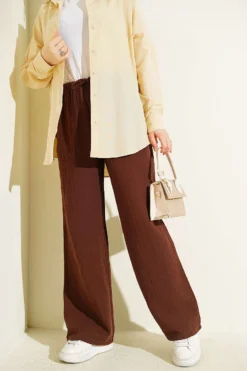 Belted Drawstring Muslin Pants Brown