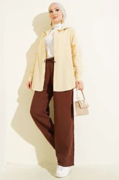 Alternative view of Belted Drawstring Muslin Pants Brown