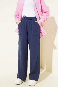 Belted Drawstring Muslin Pants Navy Blue