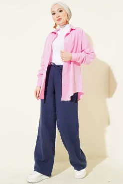 Alternative view of Belted Drawstring Muslin Pants Navy Blue