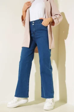 High-Waisted Double Button Denim Pants Navy Blue