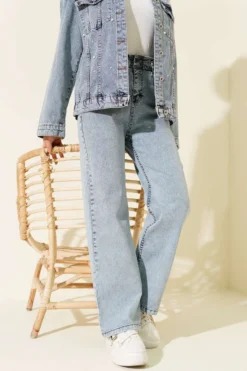 High-Waisted Double Button Denim Pants Blue