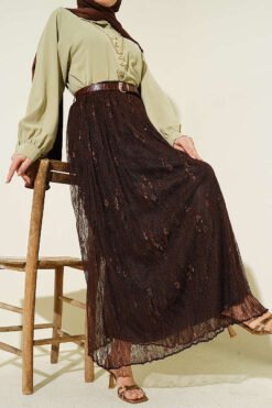 Belted Lace Skirt Brown groothandel skirt - Hicabistan Turkije fabriek