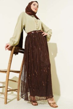 Belted Lace Skirt Brown groothandel skirt view 2 - Hicabistan Turkije fabriek