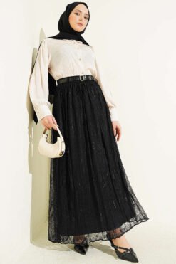 Belted Lace Skirt Black groothandel skirt view 2 - Hicabistan Turkije fabriek