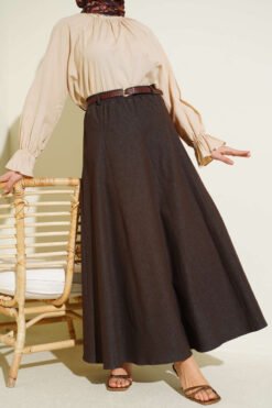 Belted Denim Skirt Brown wholesale skirt - Hicabistan Turkey factory