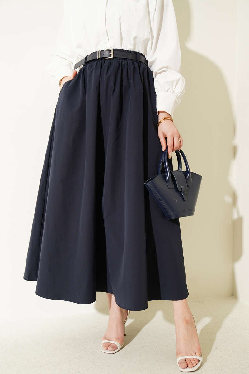Elastic Waistband Belted Poplin Skirt Navy Blue all'ingrosso skirt - Hicabistan fabbrica Turchia
