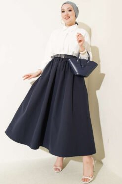 Elastic Waistband Belted Poplin Skirt Navy Blue wholesale skirt view 2 - Hicabistan Turkey factory