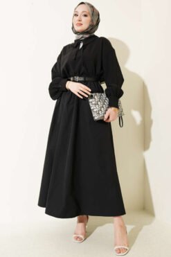 Elastic Waistband Belted Poplin Skirt Black wholesale skirt view 2 - Hicabistan Turkey factory