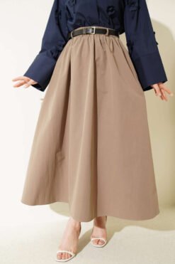 Elastic Waistband Belted Poplin Skirt Mink wholesale skirt - Hicabistan Turkey factory
