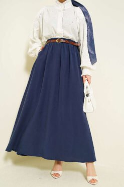 Elastic Waist Tencel Skirt Navy Blue