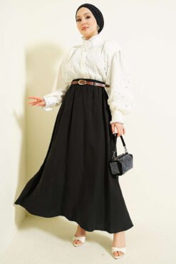 Elastic Waist Tencel Skirt Black wholesale skirt view 2 - Hicabistan Turkey factory