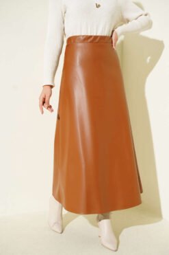 Basic Pleated Leather Skirt Tan en gros skirt - Hicabistan usine Turquie