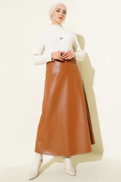 Basic Pleated Leather Skirt Tan en gros skirt view 2 - Hicabistan usine Turquie