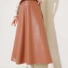 Belted Flared Leather Skirt Tan بالجملة skirt - Hicabistan مصنع تركيا