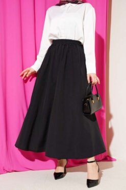 Elastic Waist Flared Poplin Skirt Black wholesale skirt - Hicabistan Turkey factory