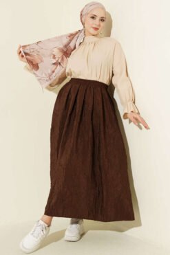 Elastic Waist Pleated Skirt Brown wholesale skirt view 2 - Hicabistan Turkey factory