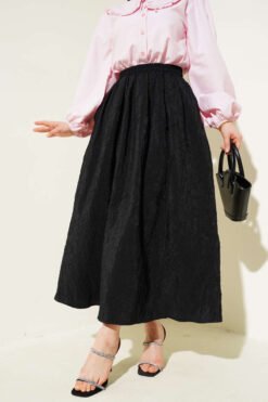 Elastic Waist Pleated Skirt Black en gros skirt - Hicabistan usine Turquie