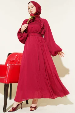 Belted Ruffled Dress Burgundy