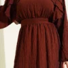 Belted Ruffled Dress Brown wholesale dress view 4 - Hicabistan Turkey factory