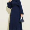 Belted Ruffled Dress Navy Blue all'ingrosso dress - Hicabistan fabbrica Turchia