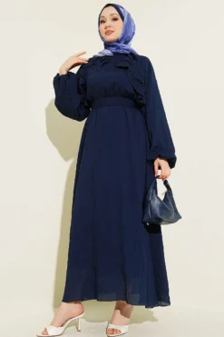 Belted Ruffled Dress Navy Blue