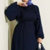 Belted Ruffled Dress Navy Blue all'ingrosso dress view 2 - Hicabistan fabbrica Turchia