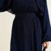 Belted Ruffled Dress Navy Blue all'ingrosso dress view 4 - Hicabistan fabbrica Turchia