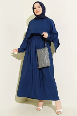 Belted Shoulder Cape Dress Navy Blue