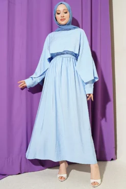 Belted Shoulder Cape Dress Blue