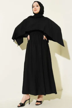 Belted Shoulder Cape Dress Black