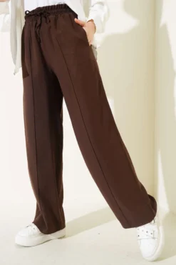 Elastic Waist Wide Leg Pants Brown