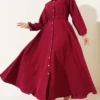 Belted Metal Button Dress Burgundy wholesale dress - Hicabistan Turkey factory