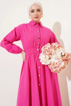 Belted Metal Button Dress Fuchsia en gros dress view 2 - Hicabistan usine Turquie
