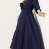 Belted Metal Button Dress Navy Blue