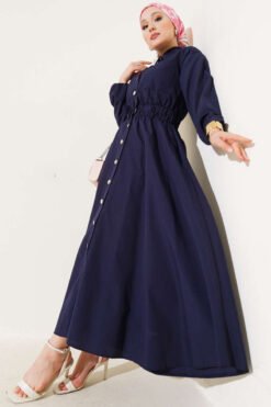 Belted Metal Button Dress Navy Blue