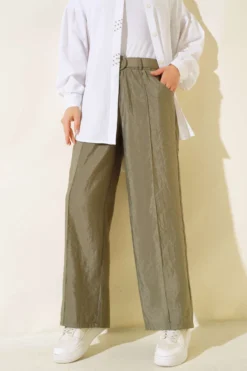 Elastic Waist Front Open Trousers Khaki